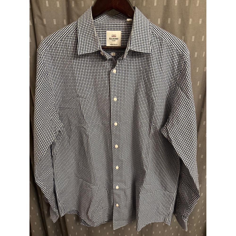 Ben Sherman Tailoring Mens Navy Gingham Check Tailored Slim Fit Shirt 16.5 34-35